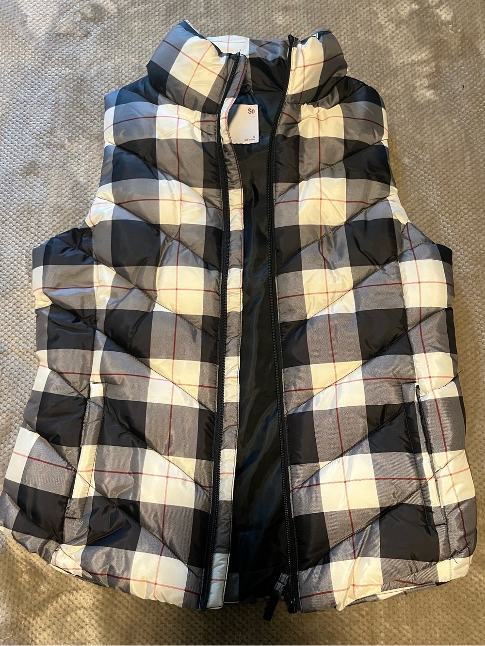SO Women's Black & White Plaid Puffer Vest